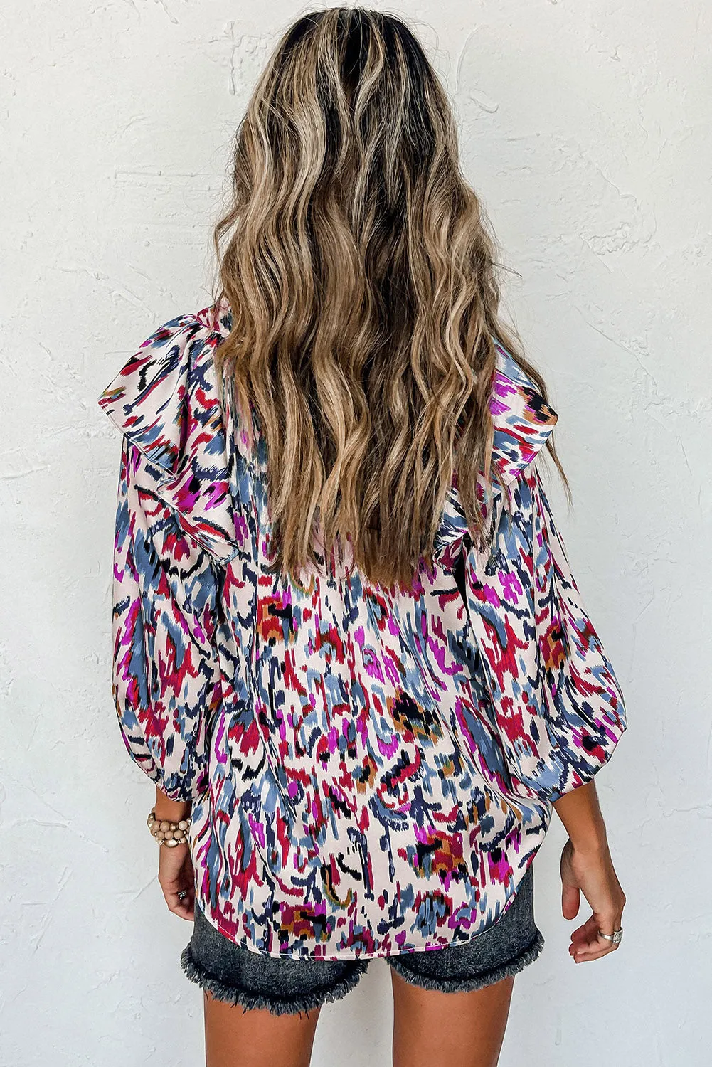 Multicolour Abstract Print 3/4 Puff Sleeve Ruffle Blouse