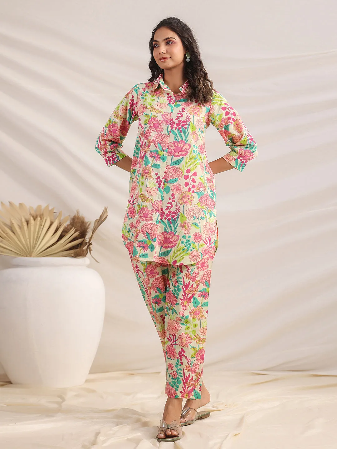 Multicolour Cotton Floral Regular Co-ord Set