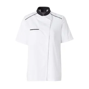 Neospirit White Breathable Chef Coat Short Sleeves with Black Piping for Women - MOLINEL