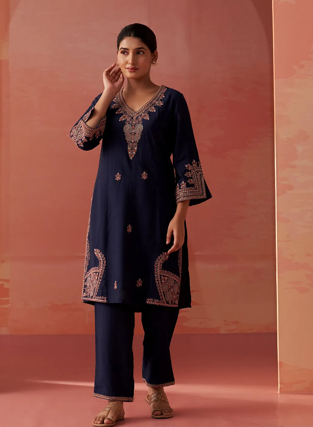 Nikhat Navy Blue Embroidered Rayon Co-ord Set for Women