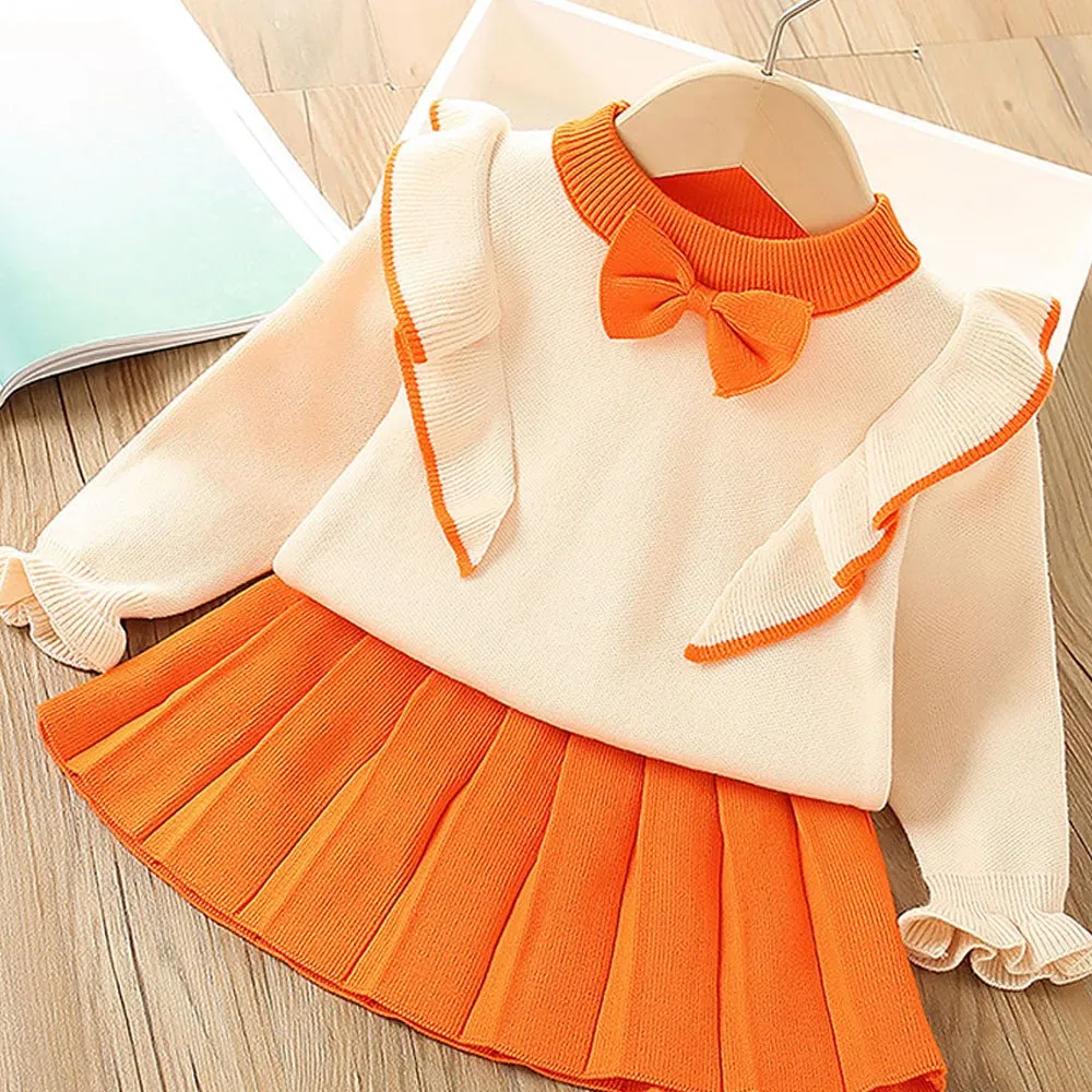 Orange Ruffled Shoulder 2 pcs sweatshirt & Skirt Winterwear set for Girls