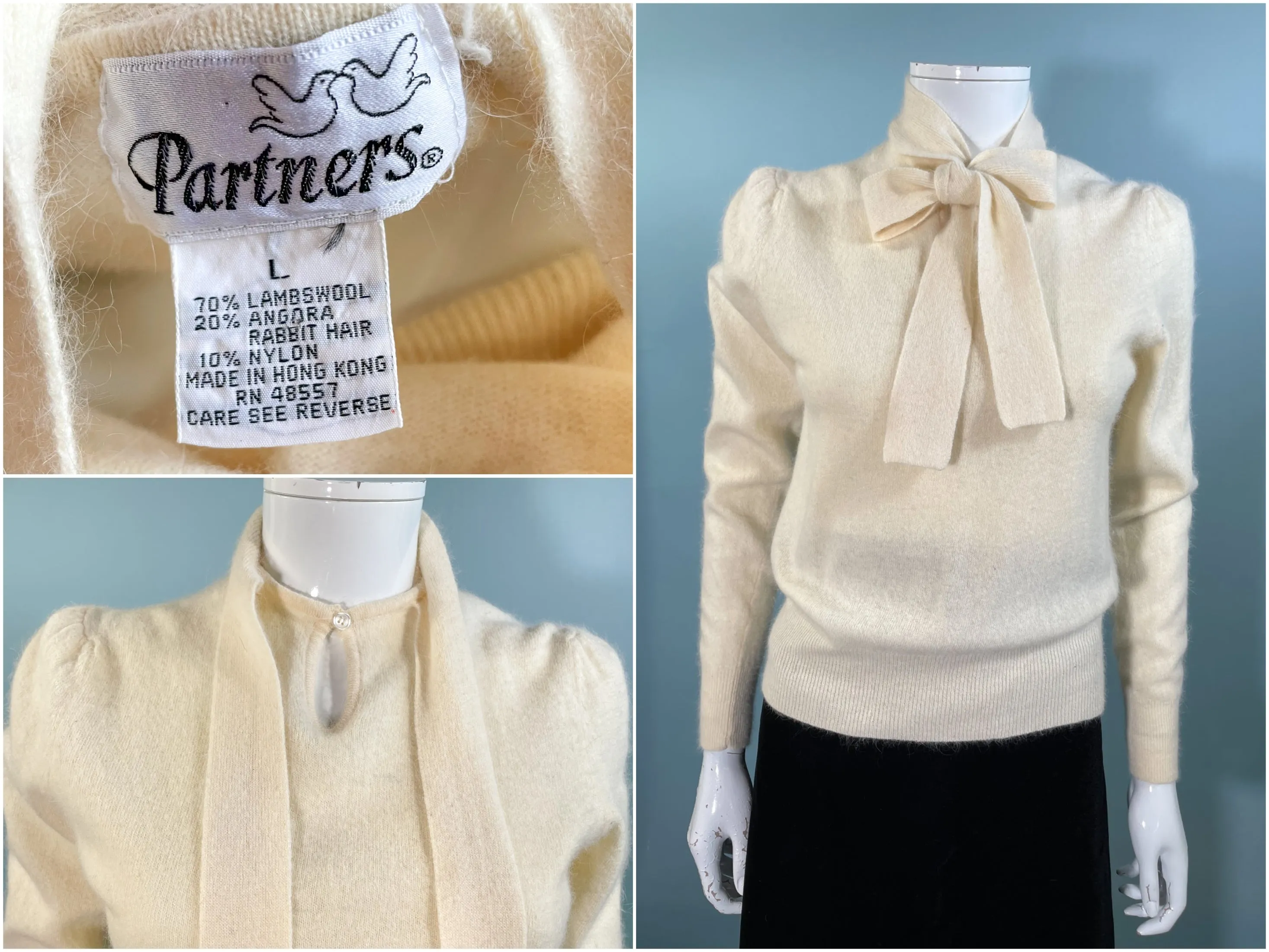 Partners Vintage 70s Cream Wool/Angora Sweater Pussy Bow Neck Tie XS