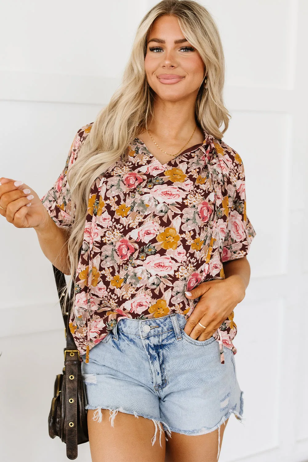 Pink Floral Print Bubble Hem Split Neck Blouse