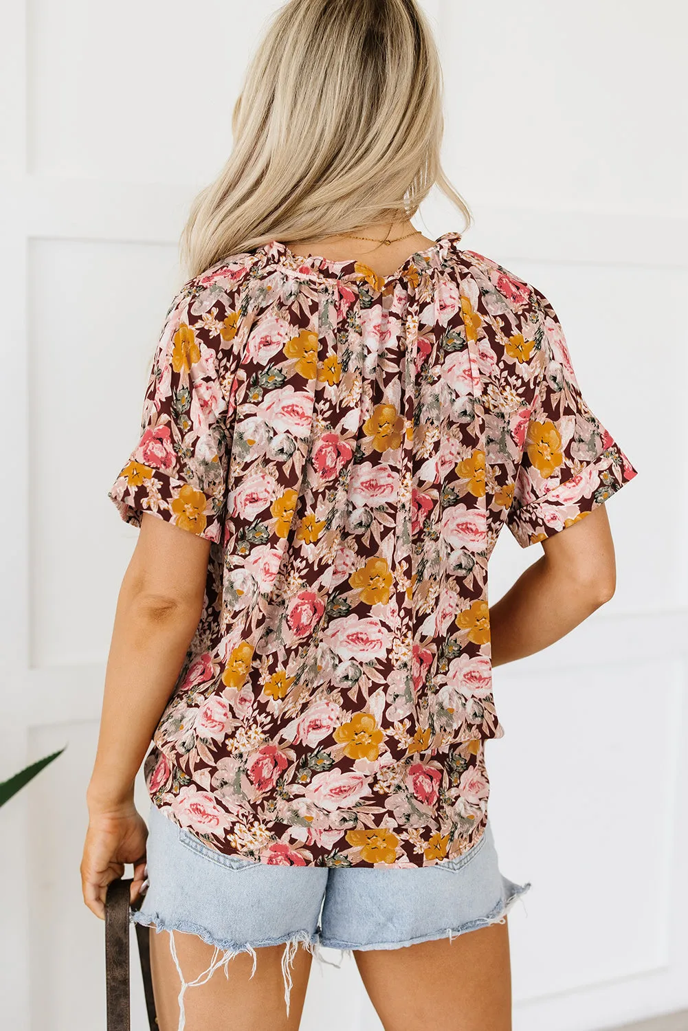 Pink Floral Print Bubble Hem Split Neck Blouse