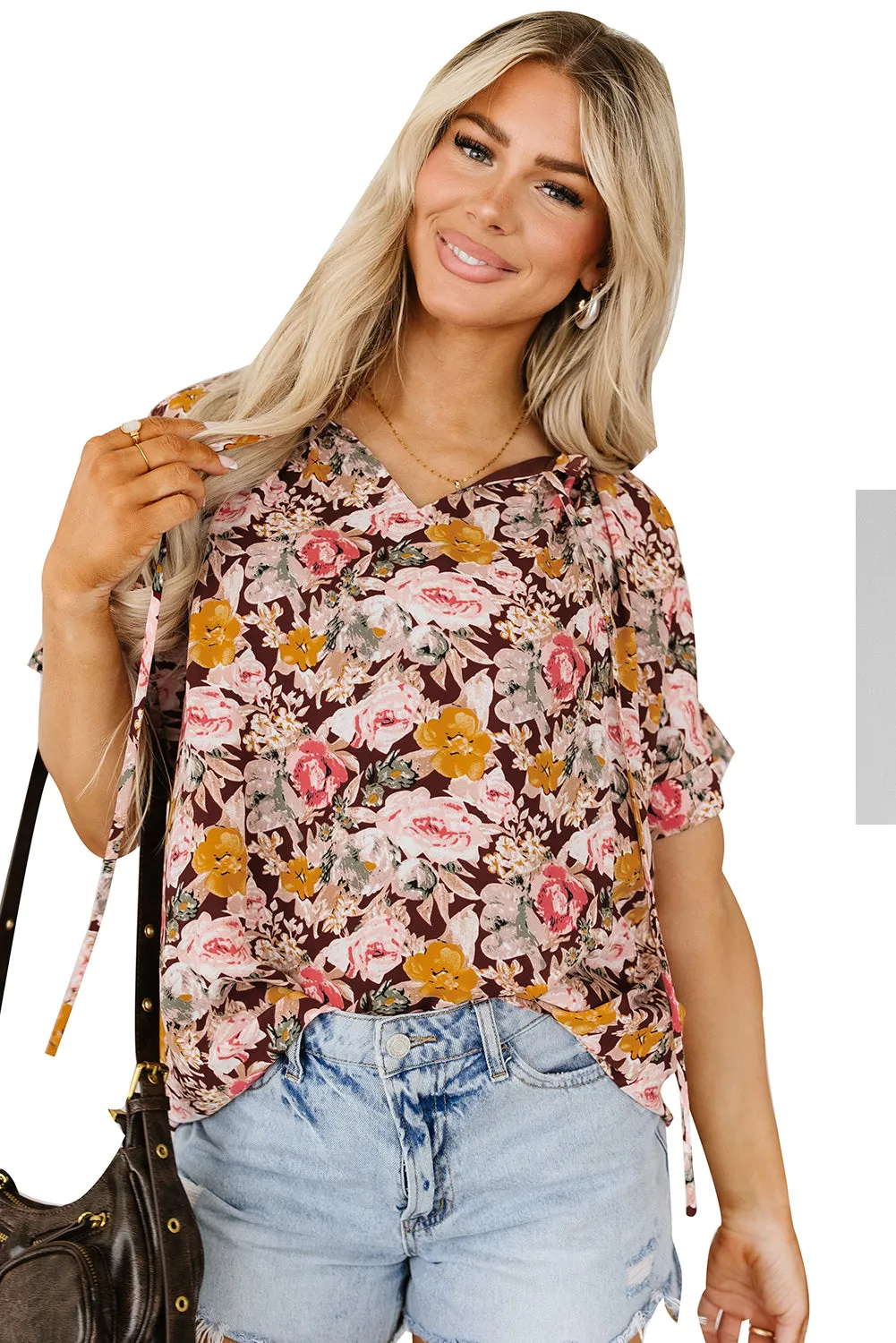 Pink Floral Print Bubble Hem Split Neck Blouse