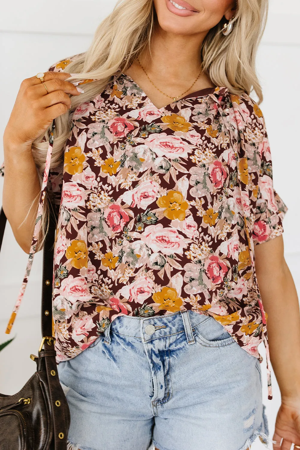 Pink Floral Print Bubble Hem Split Neck Blouse