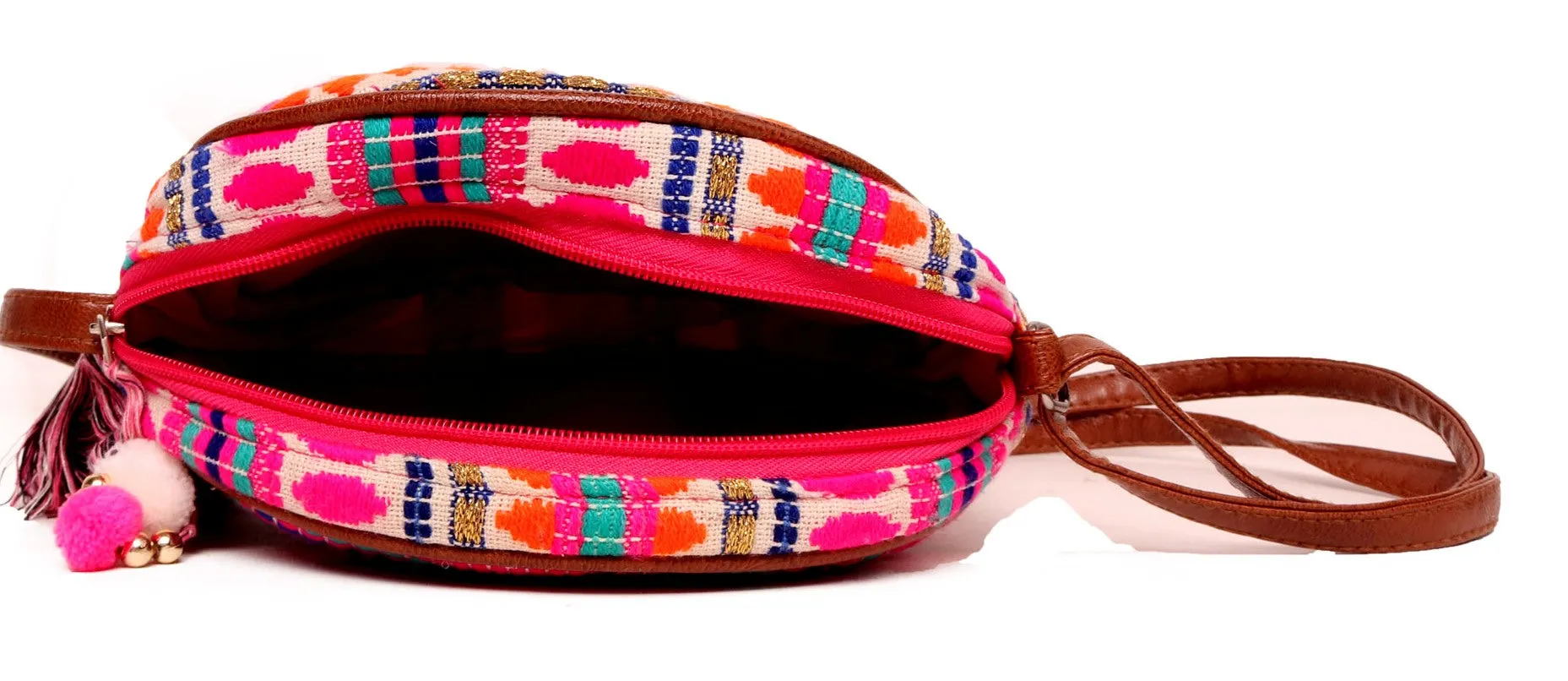 Pink Orange Jacquard Round Sling Bag With Pompom Tassel