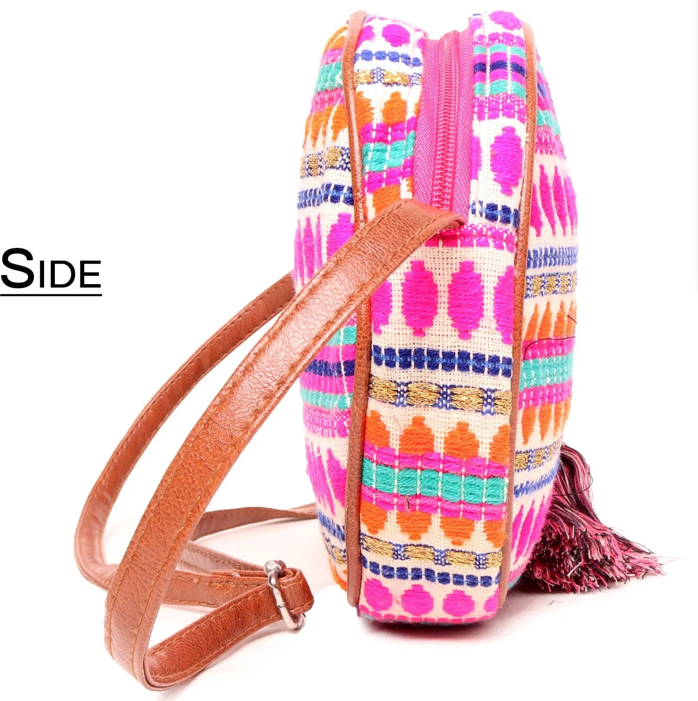 Pink Orange Jacquard Round Sling Bag With Pompom Tassel