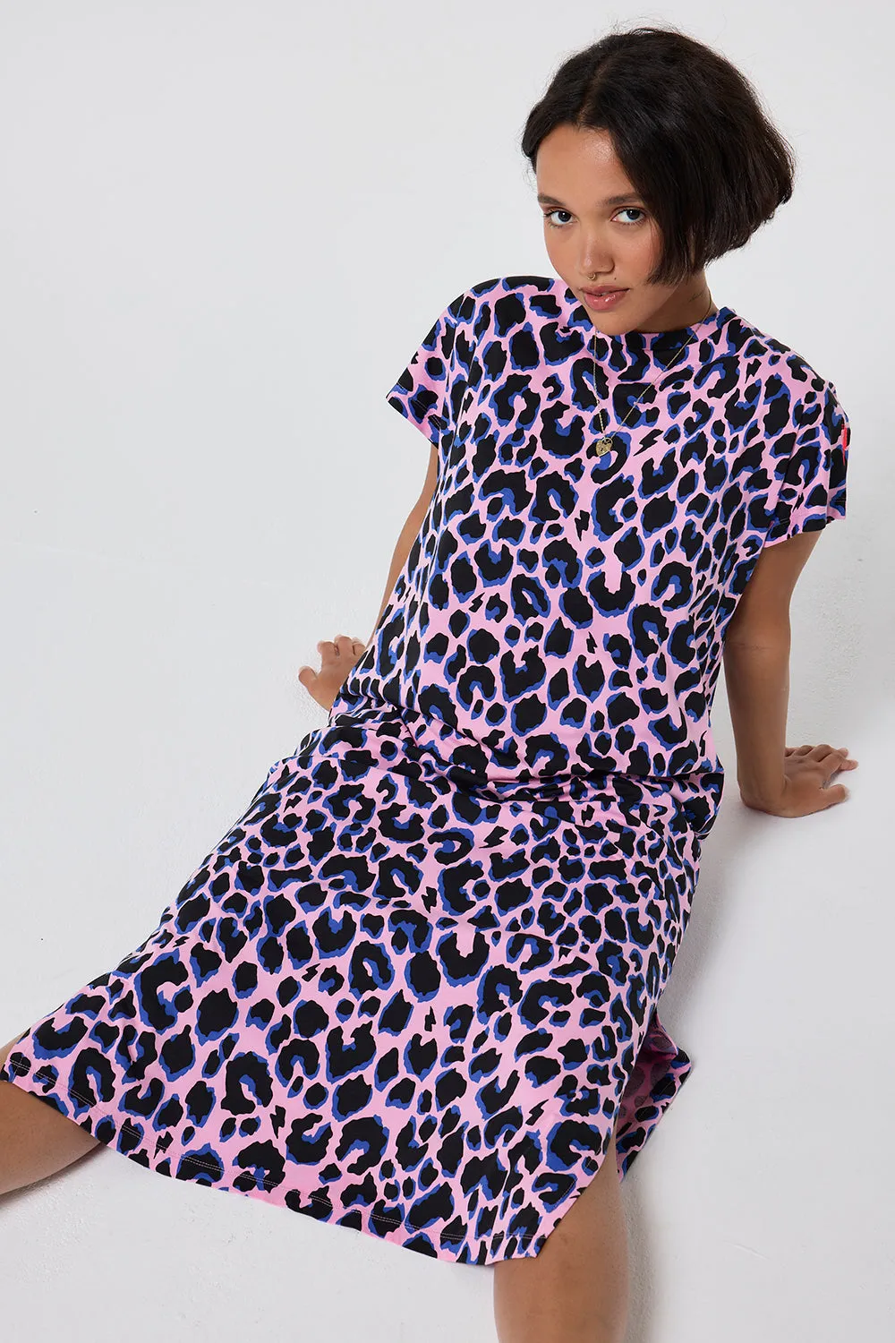 Pink with Blue and Black Shadow Leopard Midi T-Shirt Dress