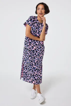 Pink with Blue and Black Shadow Leopard Midi T-Shirt Dress