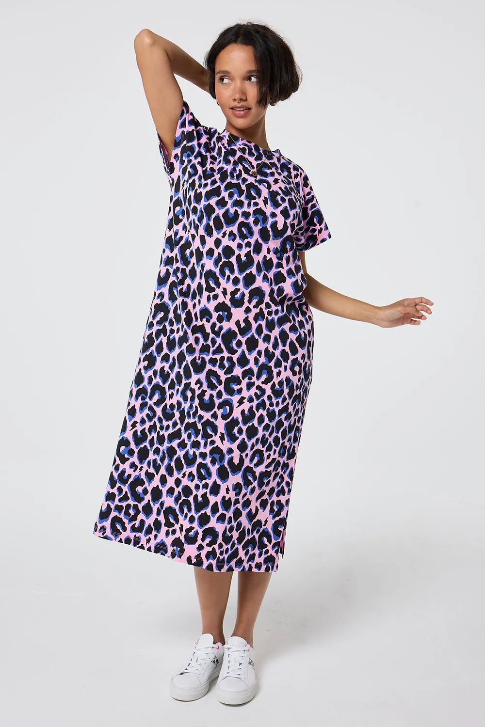 Pink with Blue and Black Shadow Leopard Midi T-Shirt Dress