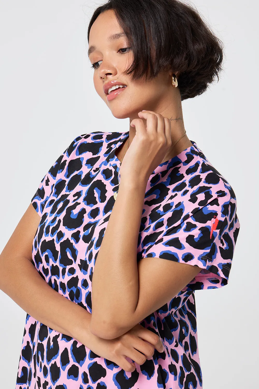 Pink with Blue and Black Shadow Leopard Midi T-Shirt Dress