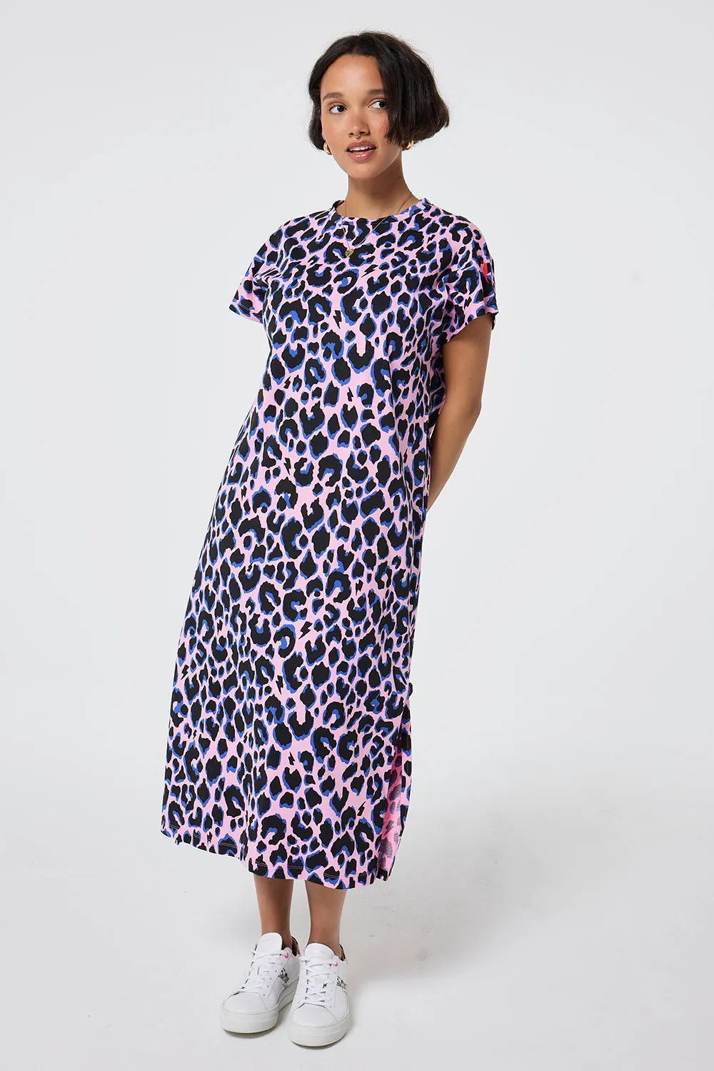 Pink with Blue and Black Shadow Leopard Midi T-Shirt Dress