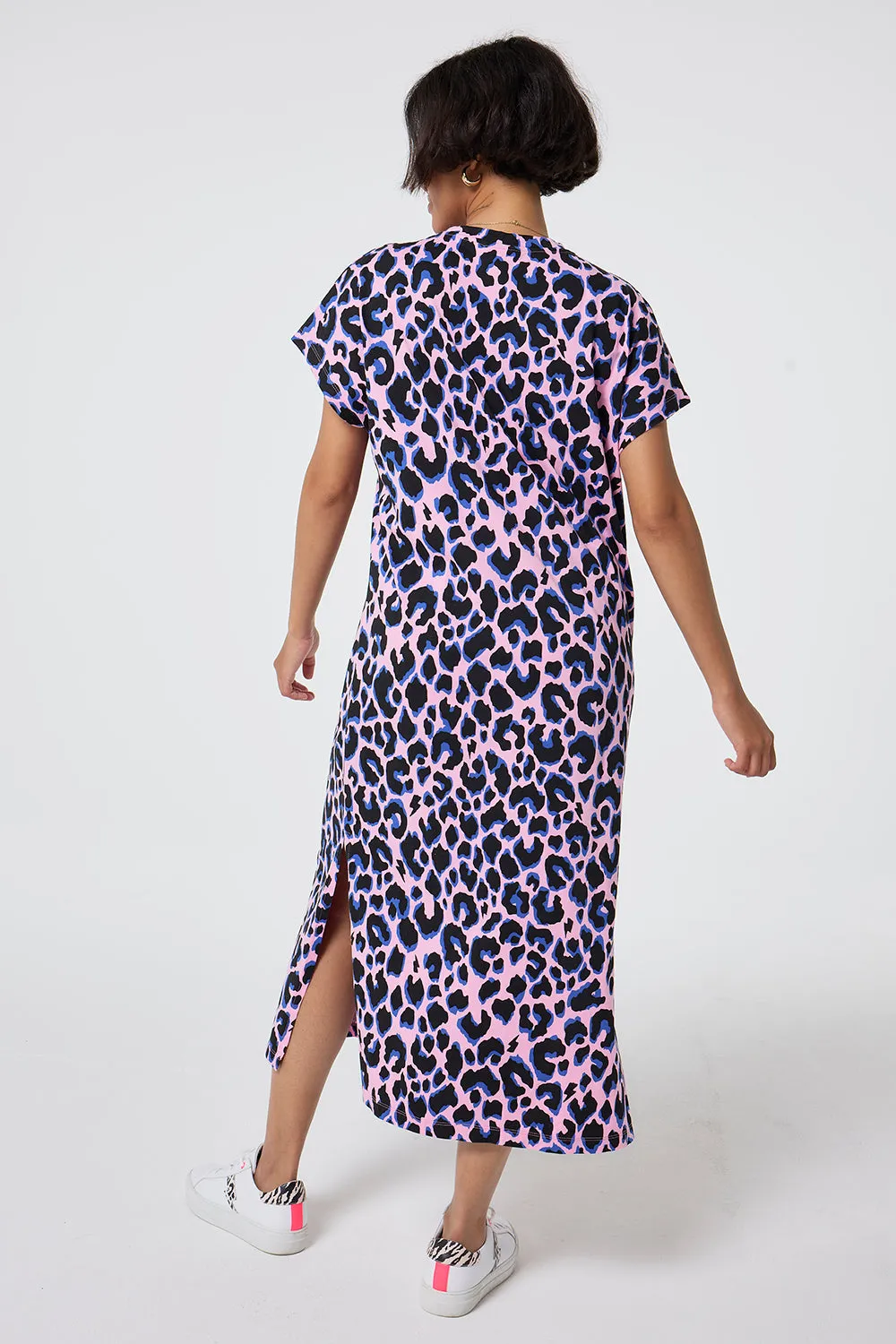 Pink with Blue and Black Shadow Leopard Midi T-Shirt Dress