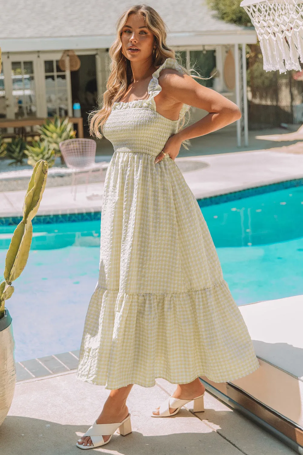 Plaid Ruffled Sleeve Smocked Maxi Dress