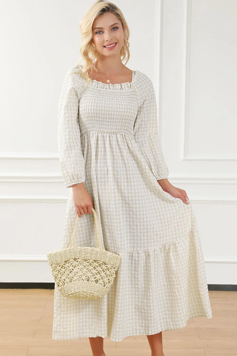 Plaid Ruffled Sleeve Smocked Maxi Dress