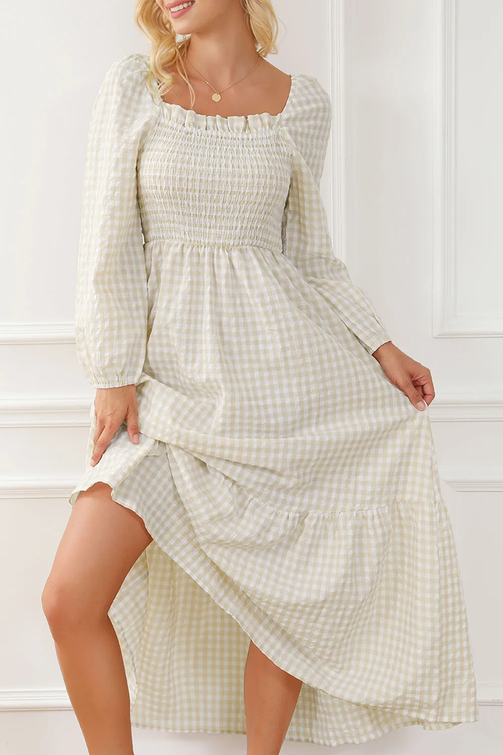 Plaid Ruffled Sleeve Smocked Maxi Dress