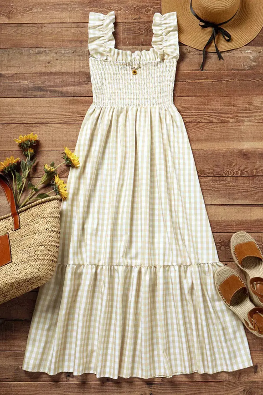 Plaid Ruffled Sleeve Smocked Maxi Dress