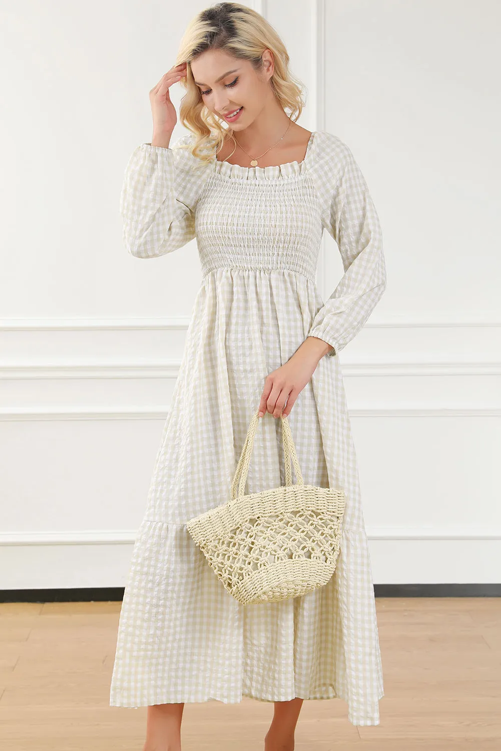 Plaid Ruffled Sleeve Smocked Maxi Dress