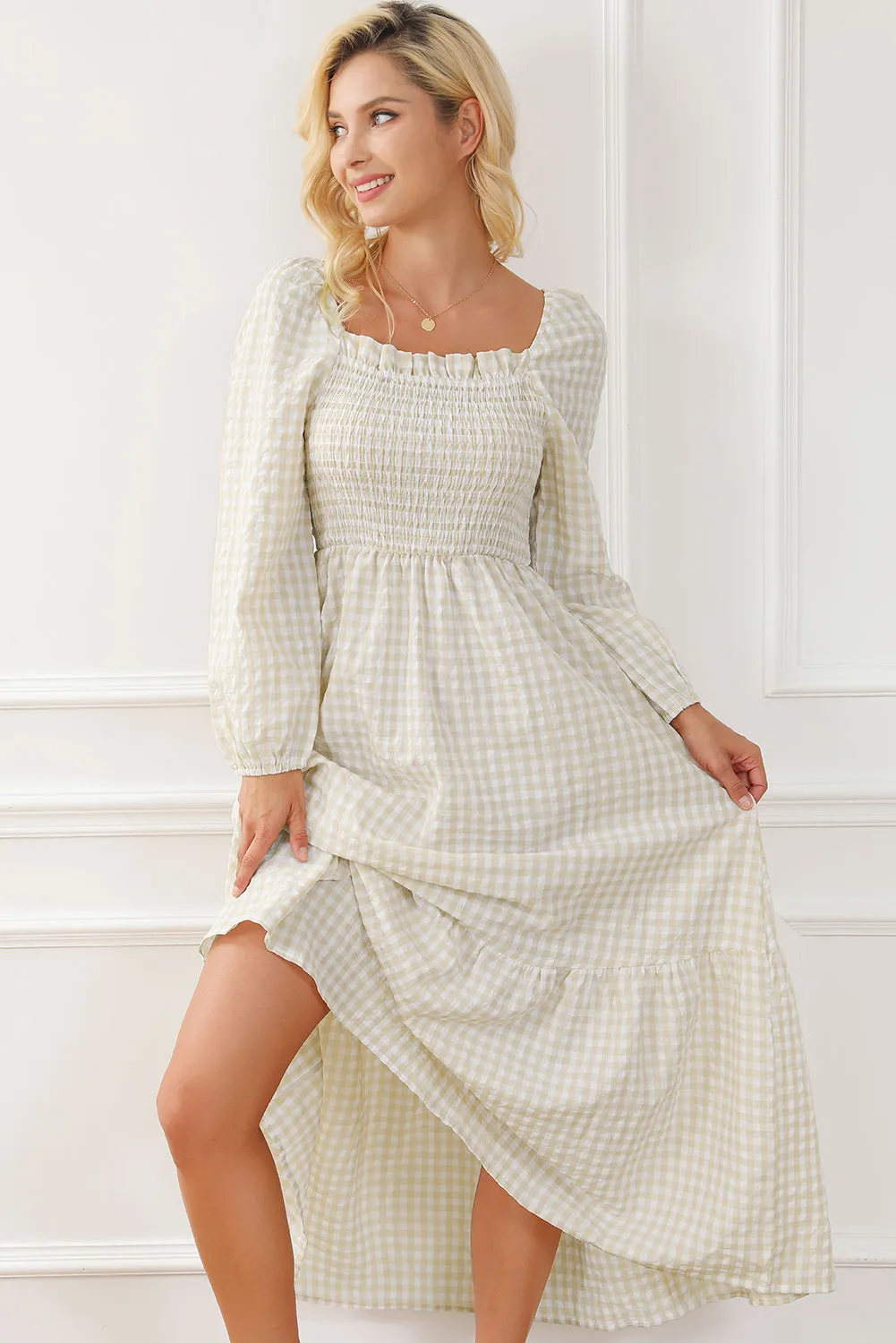 Plaid Ruffled Sleeve Smocked Maxi Dress