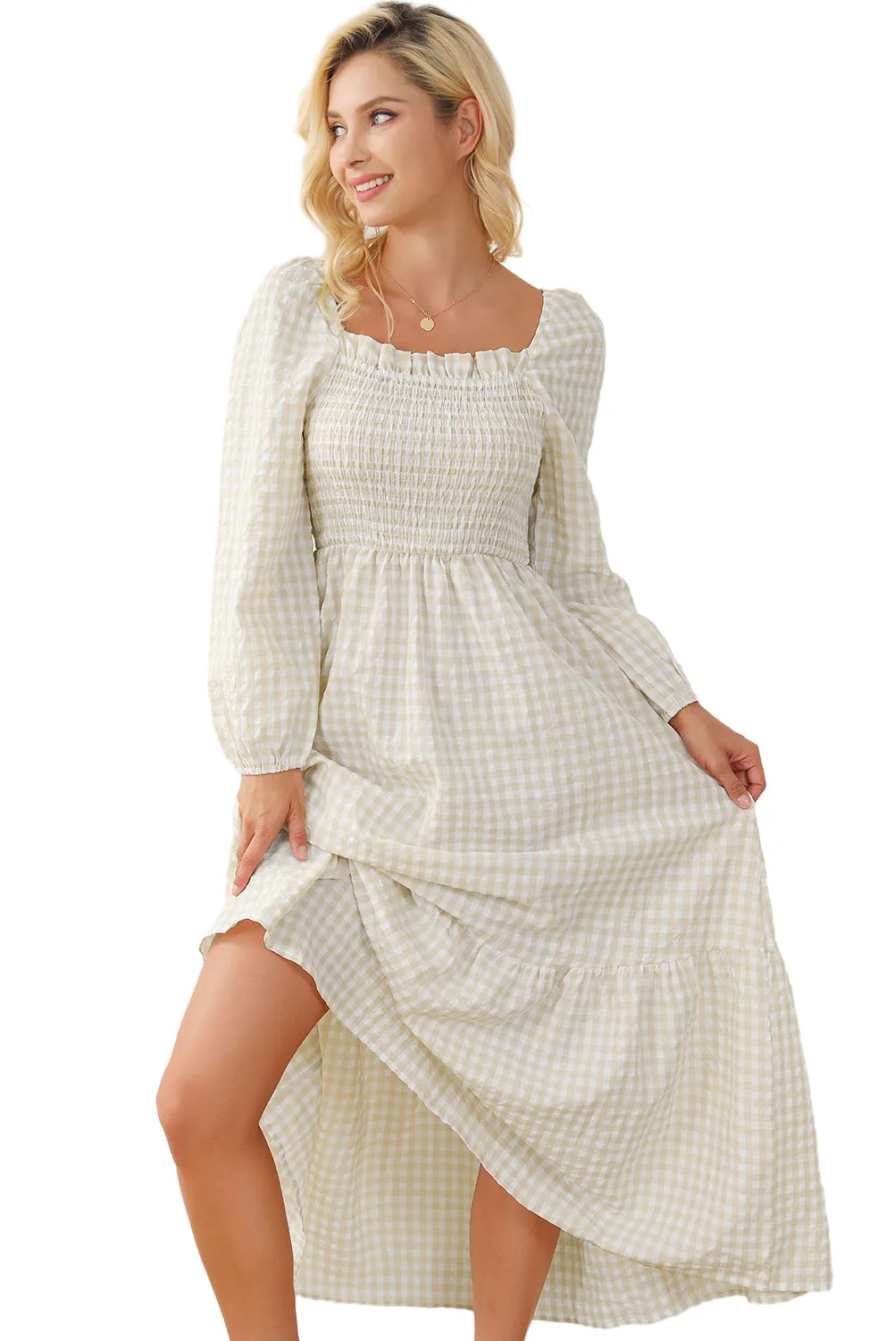 Plaid Ruffled Sleeve Smocked Maxi Dress