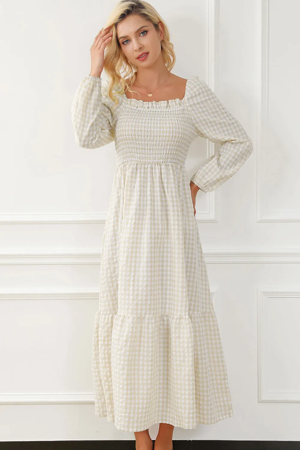 Plaid Ruffled Sleeve Smocked Maxi Dress