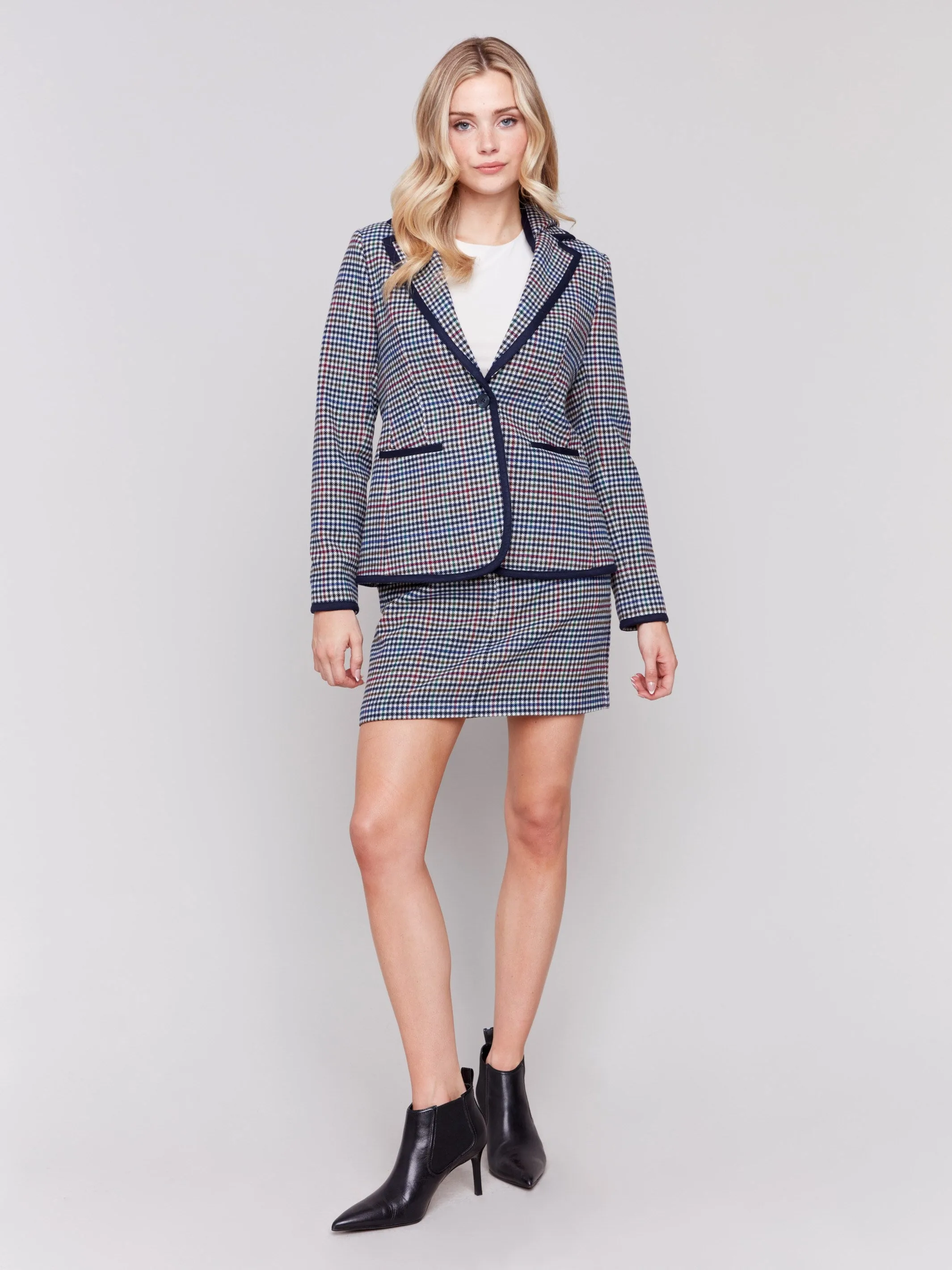 Plaid Woven Blazer with Hood - Almond