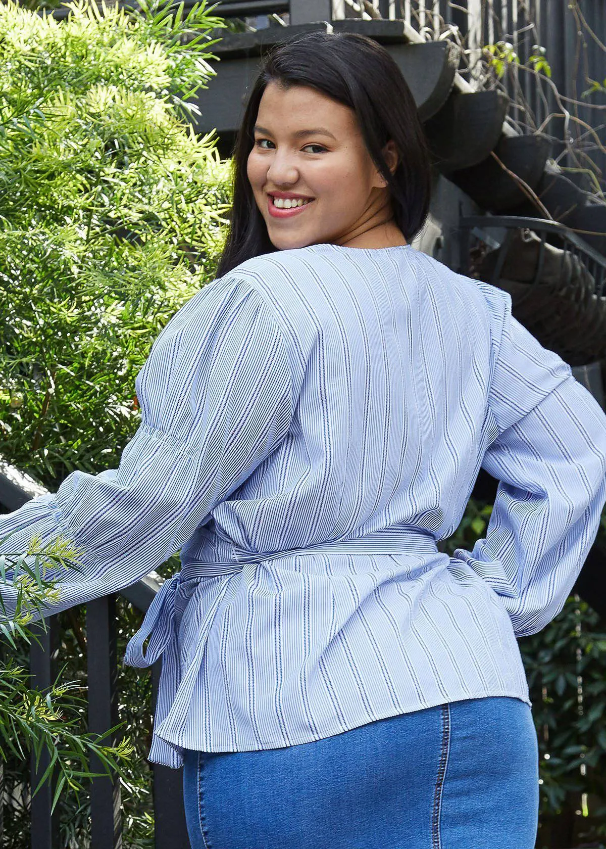 Plus Size Stripe Wrap Blouse in Blue