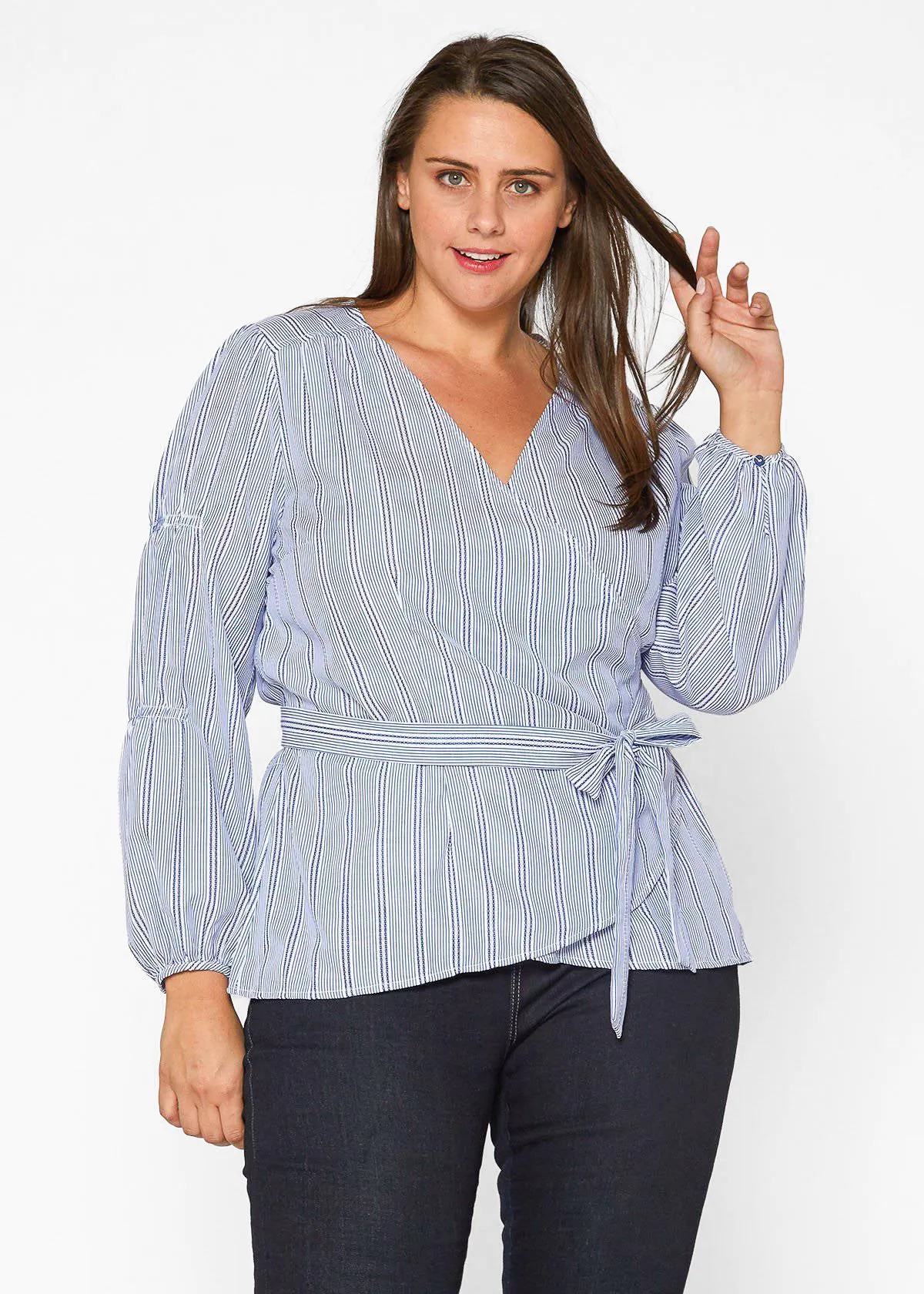 Plus Size Stripe Wrap Blouse in Blue