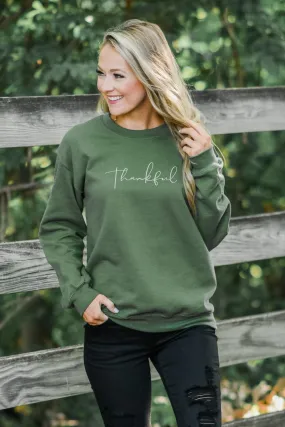 "Thankful" Graphic Pullover- Army Green