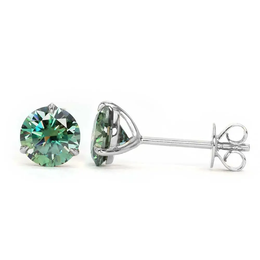 Ready Made | 0.8 Carat Green Moissanite Solitaire Earrings in 18K White Gold 3 Prong Martini Setting