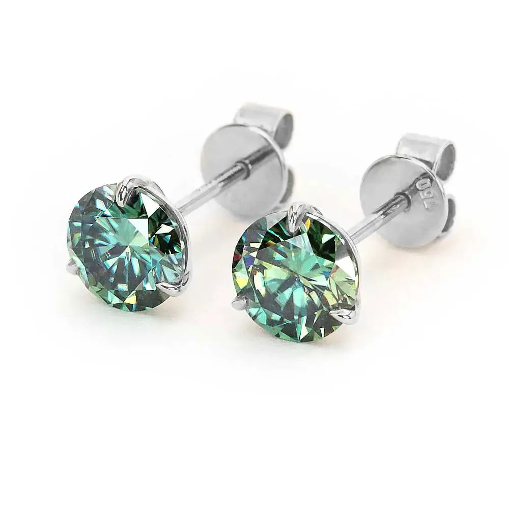 Ready Made | 0.8 Carat Green Moissanite Solitaire Earrings in 18K White Gold 3 Prong Martini Setting