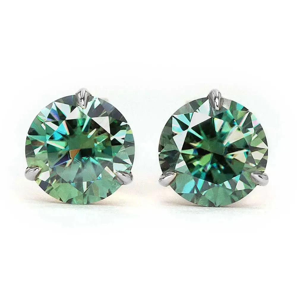 Ready Made | 0.8 Carat Green Moissanite Solitaire Earrings in 18K White Gold 3 Prong Martini Setting