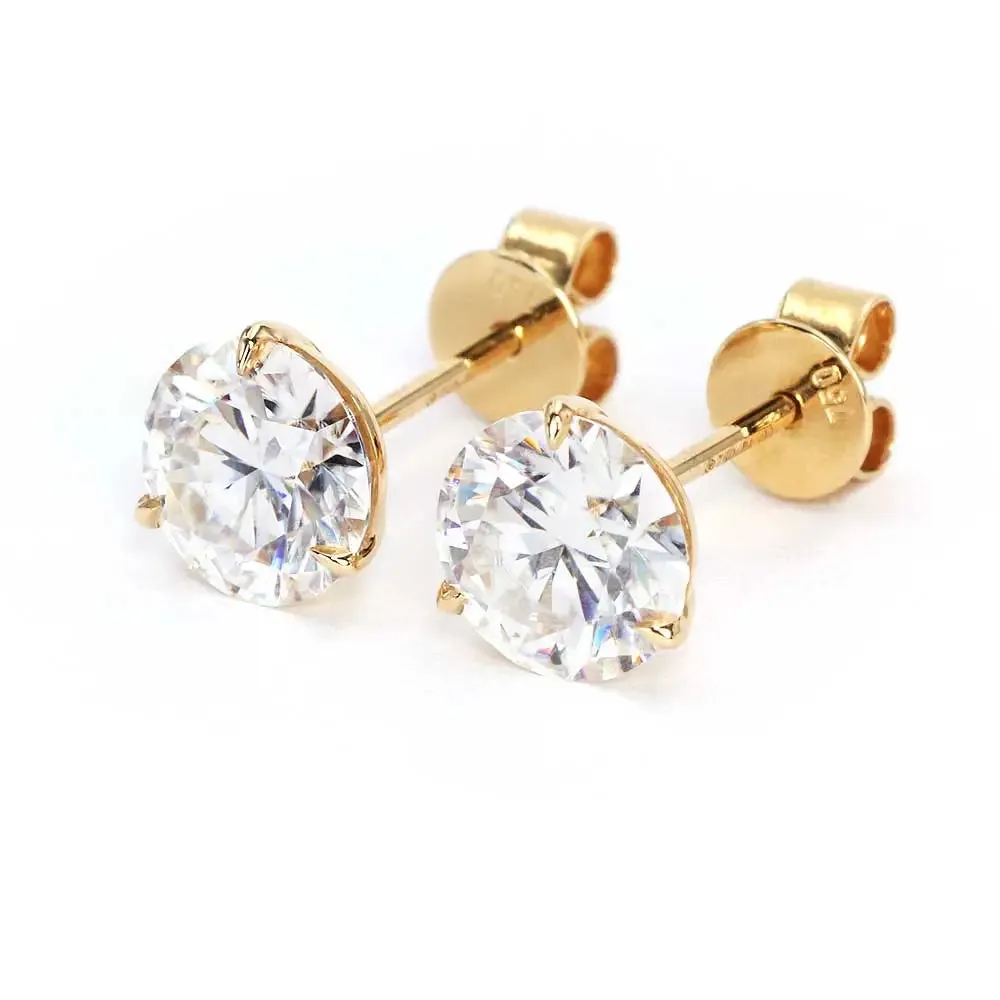 Ready Made | 0.8 Carat Moissanite Solitaire Earrings in 18K Yellow Gold 3 Prong Martini Setting