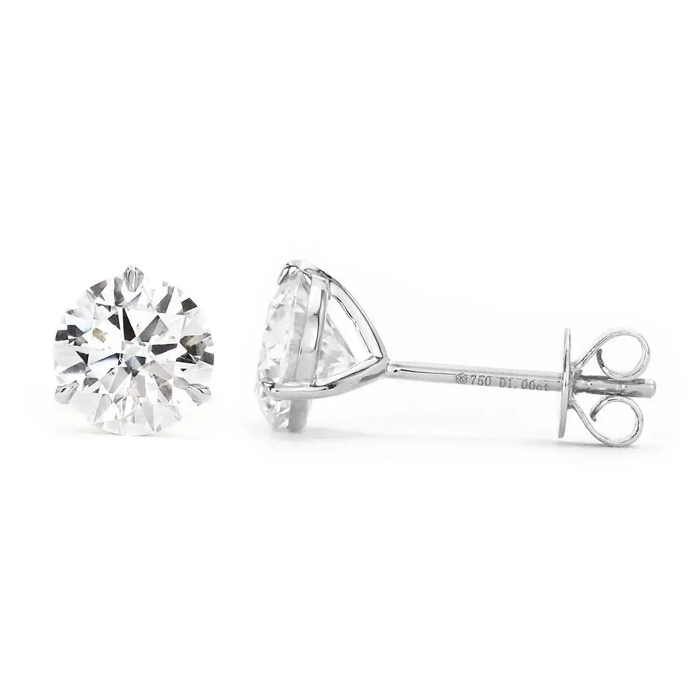 Ready Made | 1 Carat Moissanite Solitaire Earrings in 18K White Gold 3 Prong Martini Setting