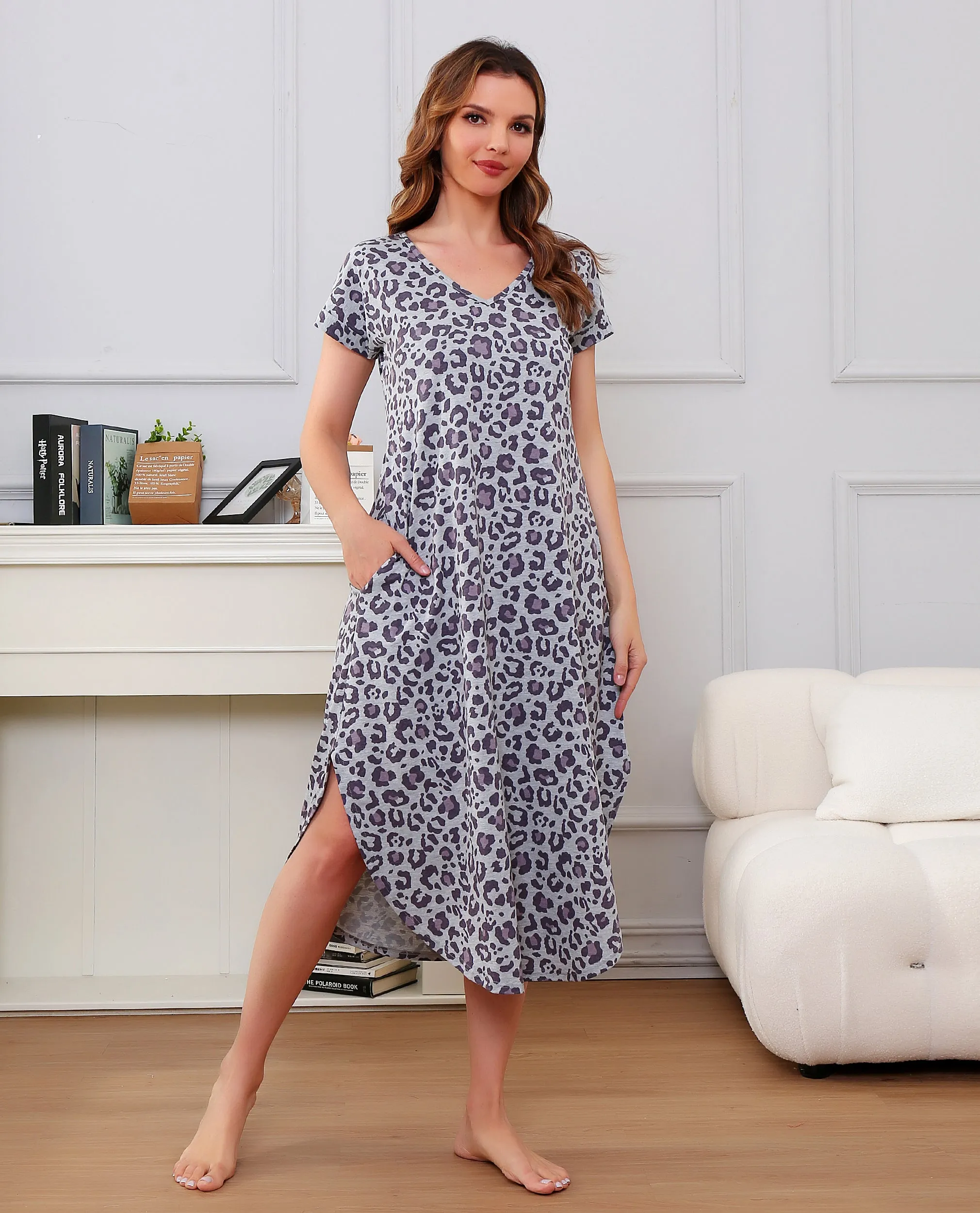 Richie House Nightgowns Nightdress Women V Neck Print Short Slit Sleepwear S-XXL RHW2895