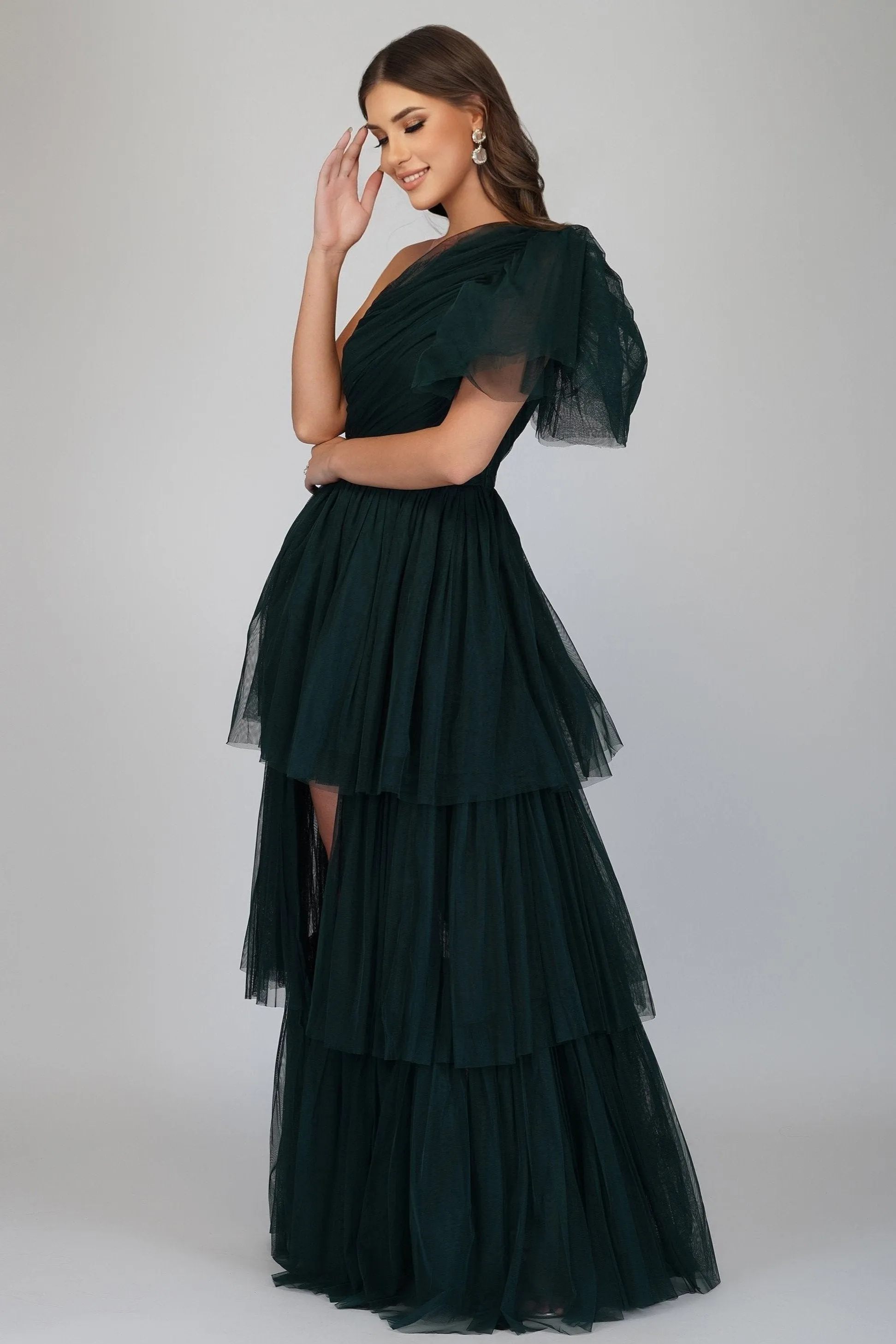 Rowena Emerald Green One Shoulder Tulle Gown