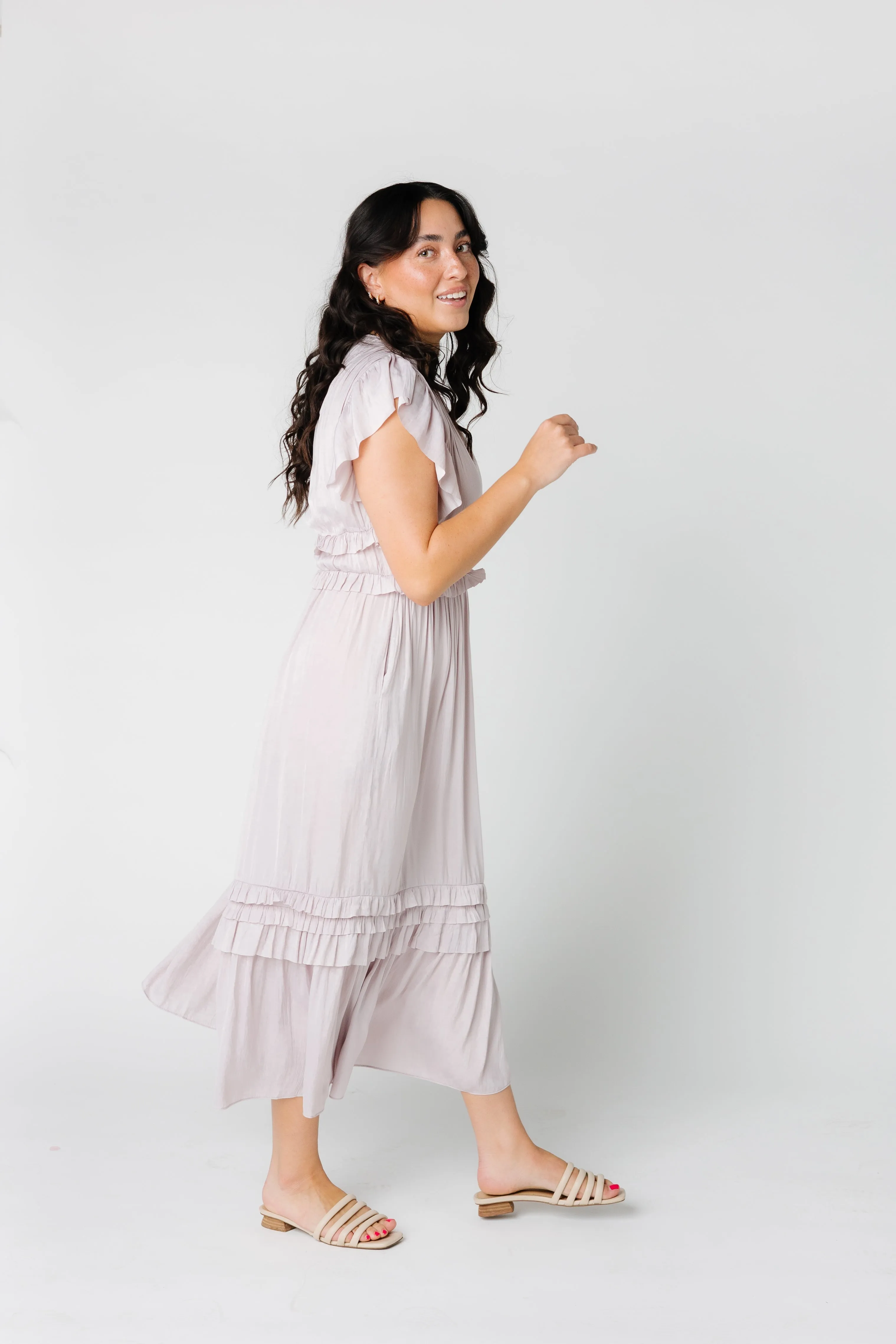 Ruffled Satin V-Neck Dress