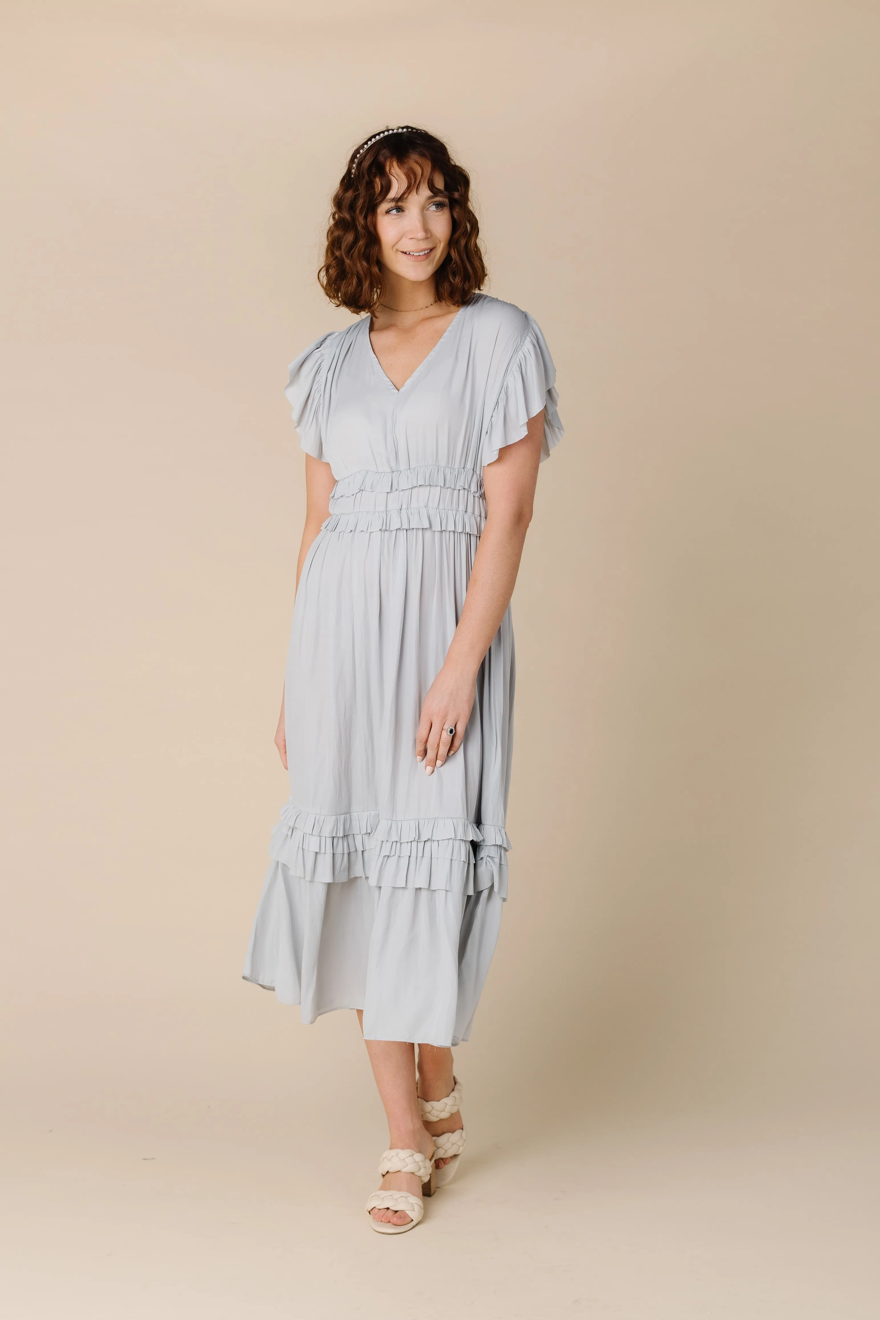 Ruffled Satin V-Neck Dress