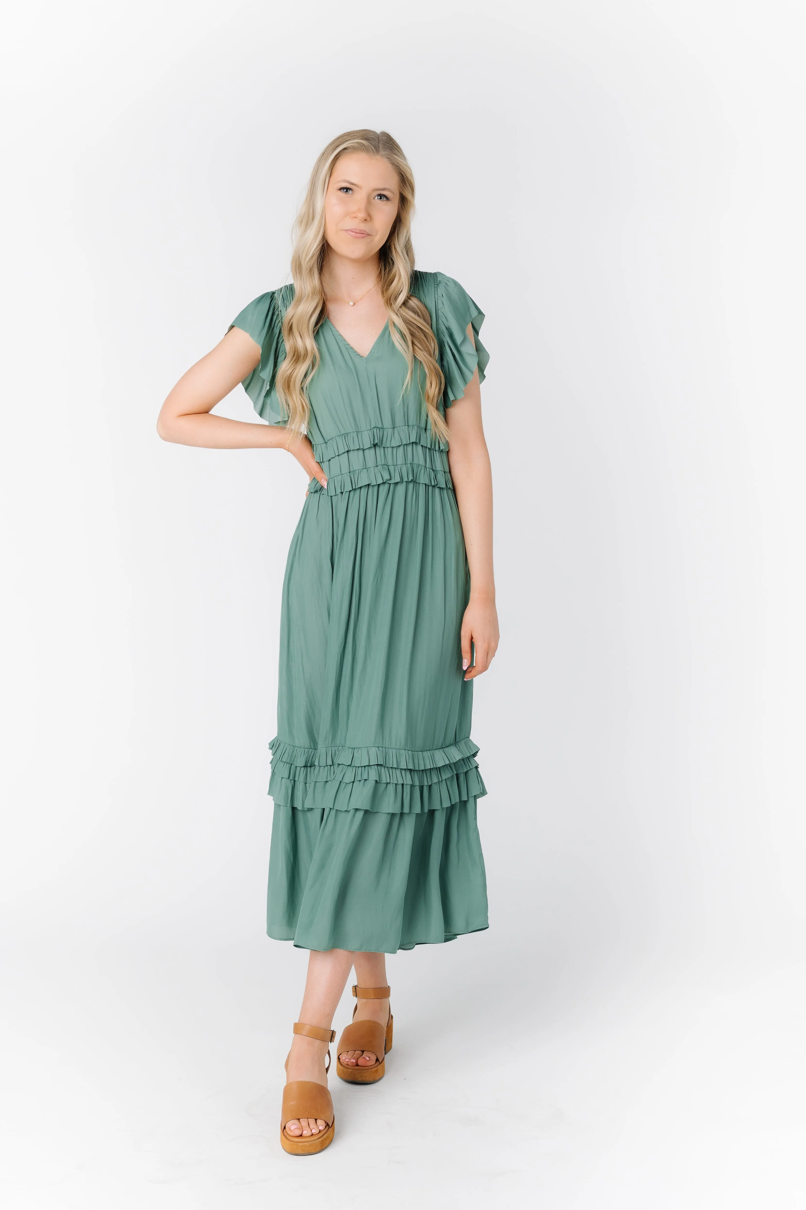 Ruffled Satin V-Neck Dress