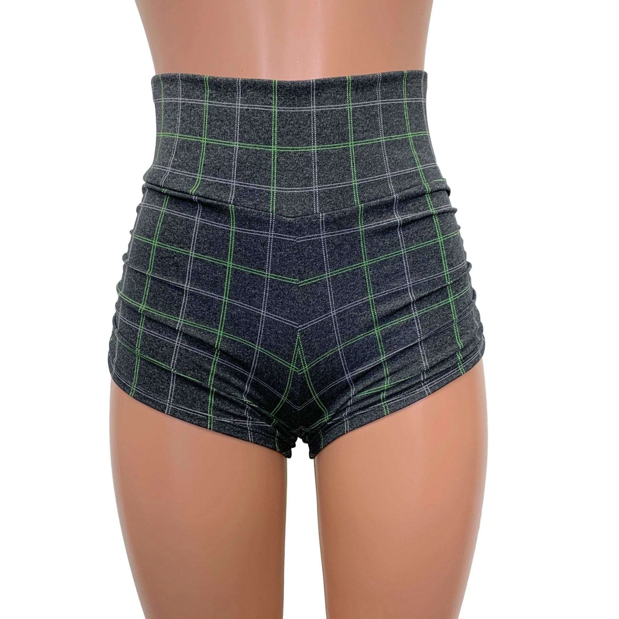 SALE - Ruched High Waist Booty Shorts - Soft Gray Plaid