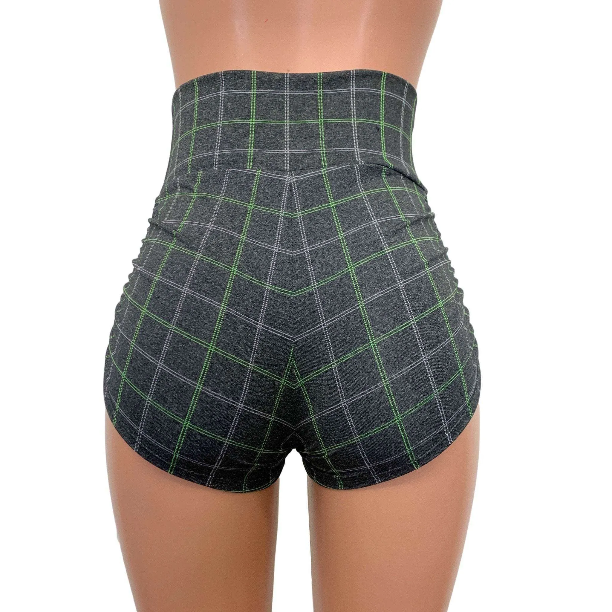 SALE - Ruched High Waist Booty Shorts - Soft Gray Plaid