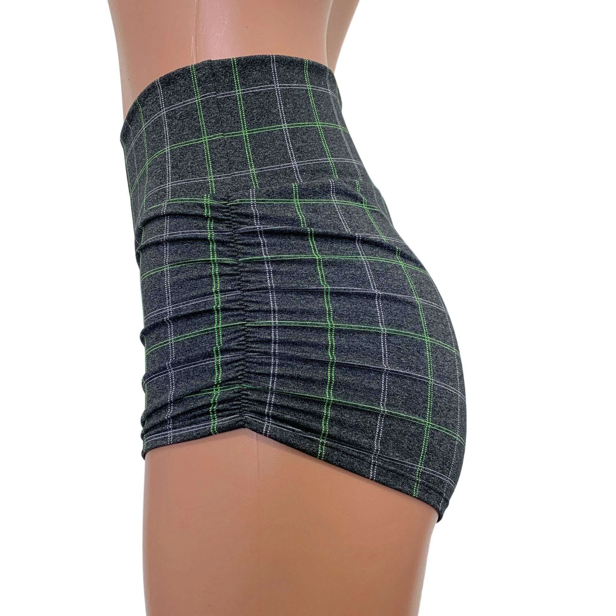 SALE - Ruched High Waist Booty Shorts - Soft Gray Plaid