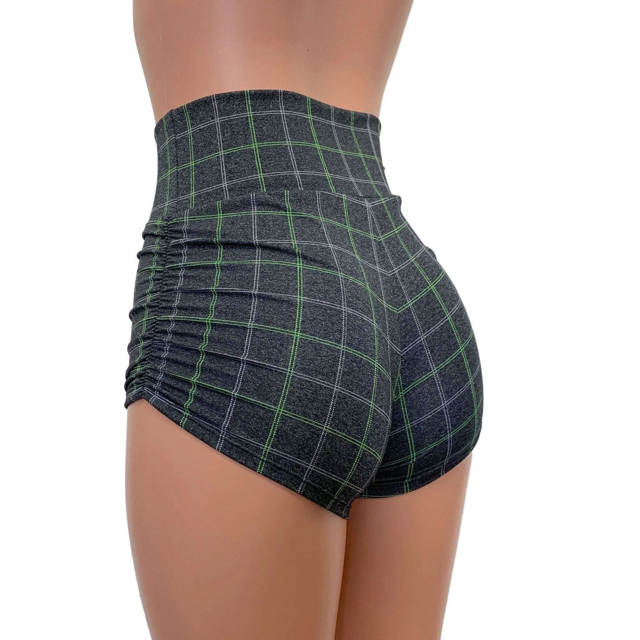 SALE - Ruched High Waist Booty Shorts - Soft Gray Plaid