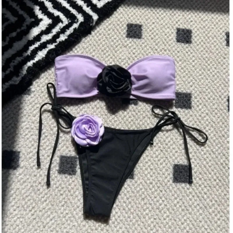 Sexy 2 Piece Women's  3D Rose Bikini Swimsuit Spaghetti Strap High Waisted Bathing Suit Beachwear