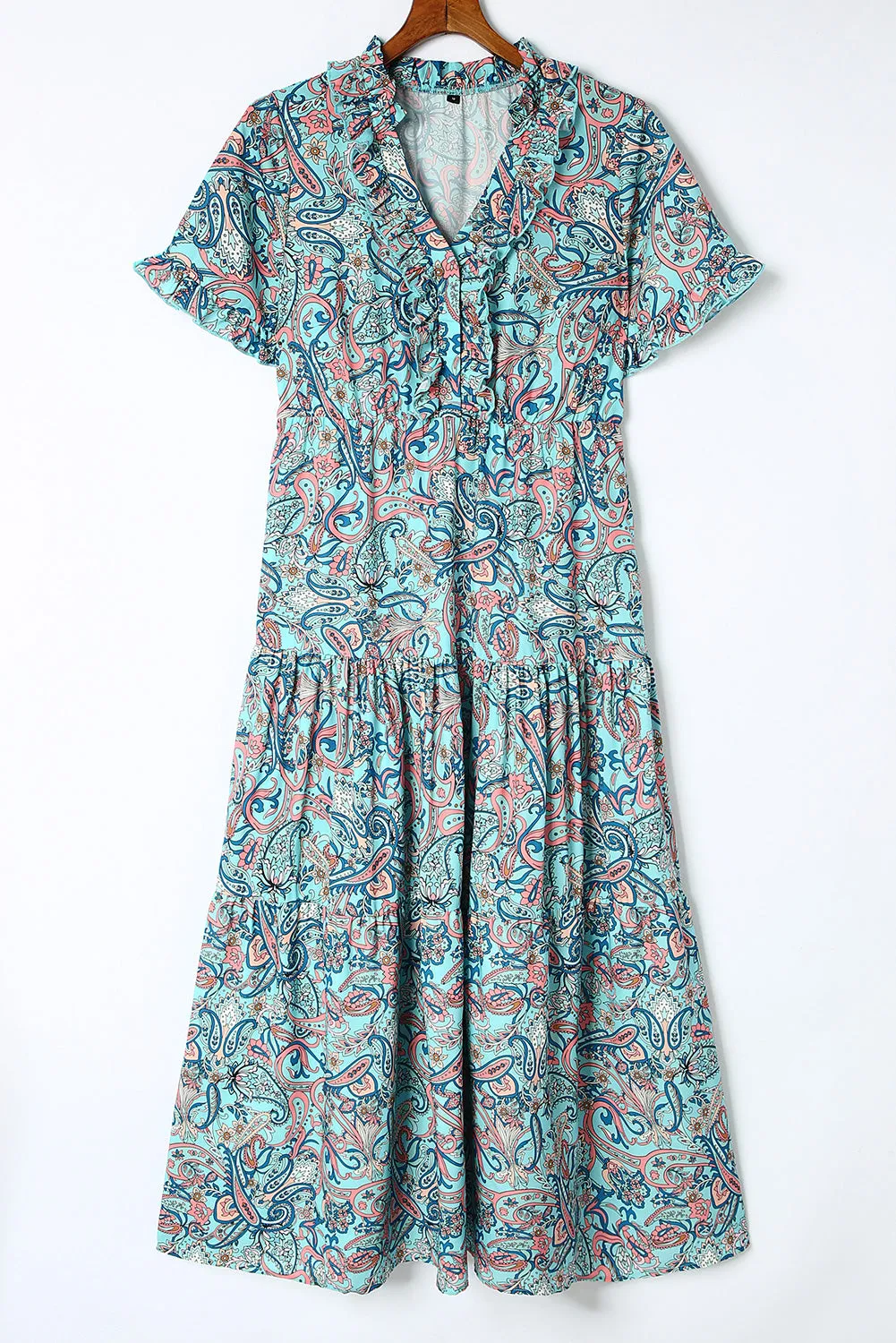 Sky Blue Paisley Print Split V Neck Tiered Boho Maxi Dress