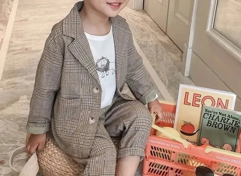 Smart Plaid Blazer and Slim Fit Trousers Set for Boys