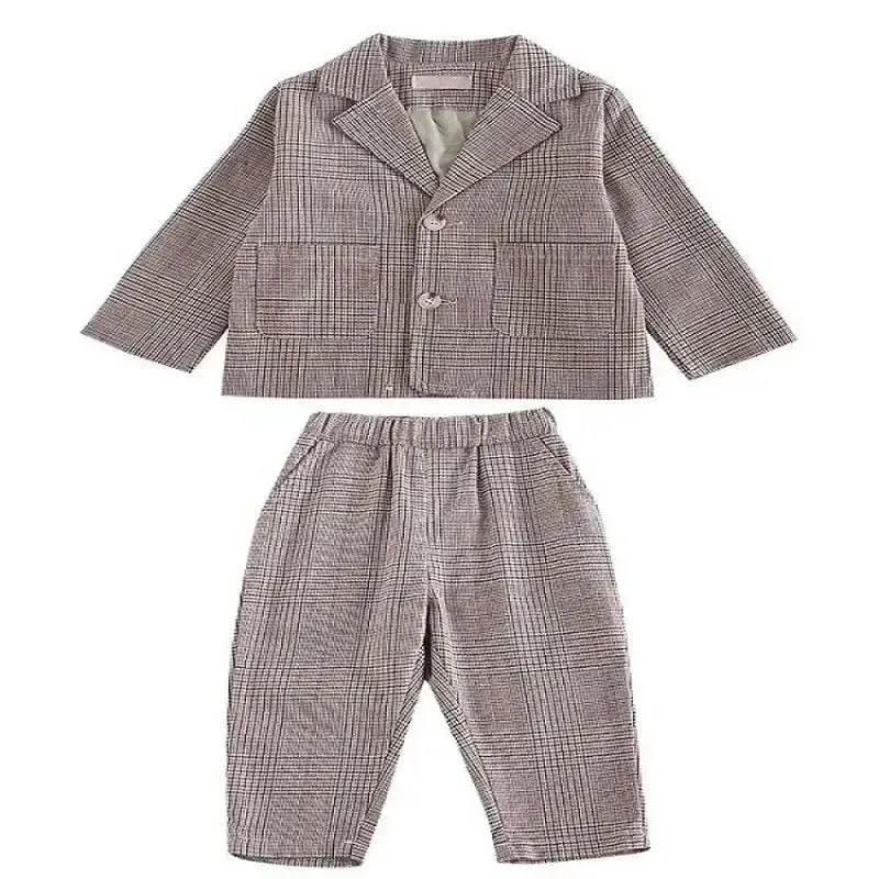 Smart Plaid Blazer and Slim Fit Trousers Set for Boys