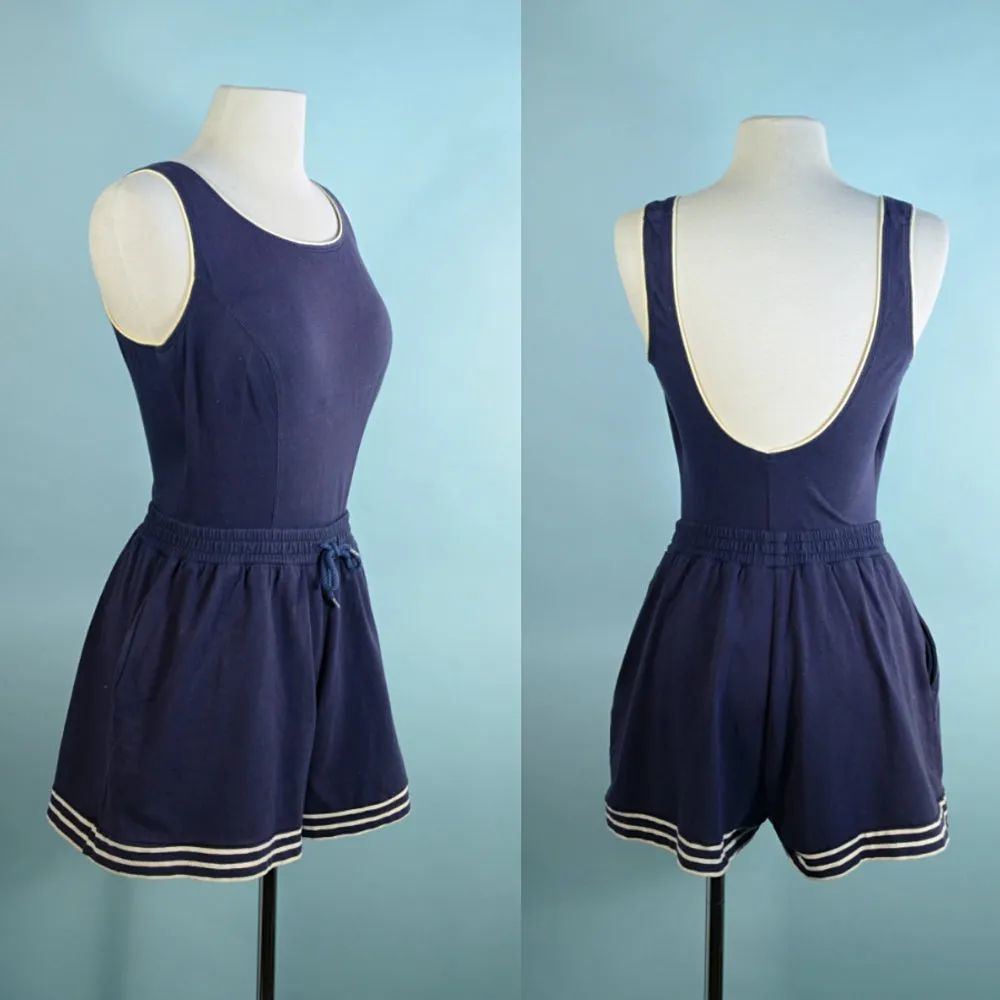 SOLD Jantzen 80s Blue Romper Playsuit, Low Back Beachwear Shorts, Retro Style M