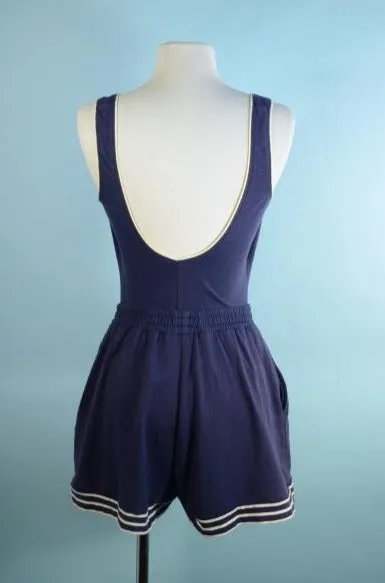 SOLD Jantzen 80s Blue Romper Playsuit, Low Back Beachwear Shorts, Retro Style M